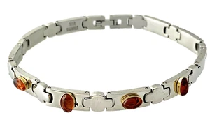 Natural Amber Link Bracelet in Stainless Steel & 18k Solid Yellow Gold #12A - Picture 1 of 11