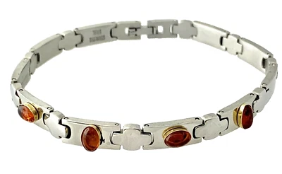 Brazalete de eslabones ámbar natural de acero inoxidable y oro amarillo macizo de 18k Foto 1 de 4