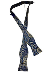 Men’s Blue Gold Paisley 100% Woven Silk EGARA Bow Tie Wedding Prom Homecoming - Picture 1 of 5