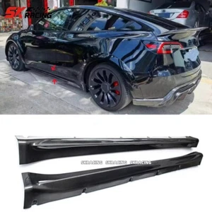 For 2020-24 Tesla Model Y Real Carbon Fiber Side Skirts Extension Panel Body Kit - Picture 1 of 19