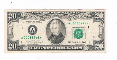 Star note 1990  $20.00 very low series number A00083749* Massachusetts - Image 1 of 2