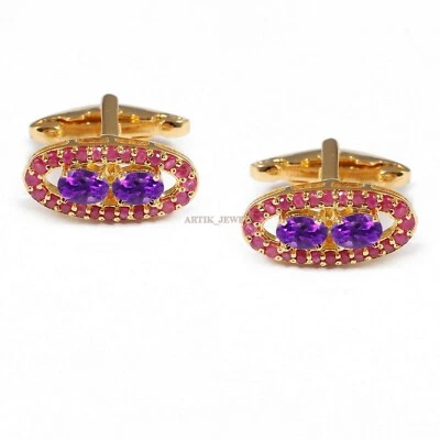 Natürlich Amethyst & Heizbar Rubin mit Vergoldetem Silber Manschettenknopf #1722 - Bild 1 von 3