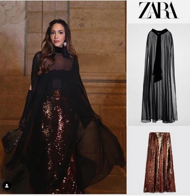 Zara CHIFFON CAPE WITH VELVET TIE Size M Black ref. 8741/202  Holiday NEW - Image 1 of 4