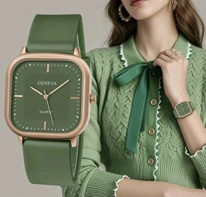 Womems Watch.. Green & Gold Square Face Watch Silicone Strap UK - Picture 1 of 4