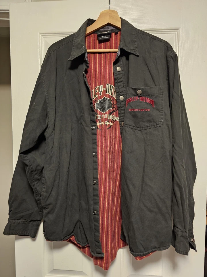 Chaqueta Camisa Harley Davidson Completamente Forrada Botón a Presión Negra Para Hombre’s L Foto 1 de 4