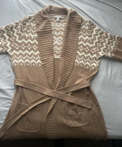 Isaac Mizrahi Live! Langarm langer beige/weißer Pullover Strickjacke mit Gürtel - Bild 1 von 13