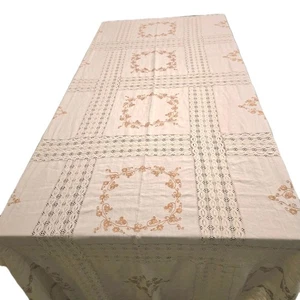 Vintage Ivory Tablecloth Floral Hand Embroidered Crochet Lace 122 x 63 Large - Picture 1 of 5
