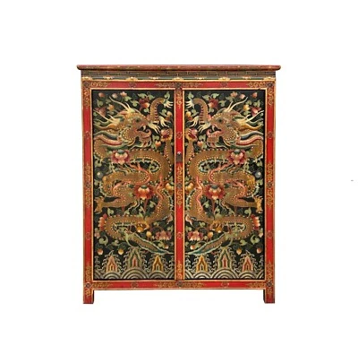 Gabinete de almacenamiento Credenza gráfico doble dragón dorado estilo tibetano ws4618 Foto 1 de 4