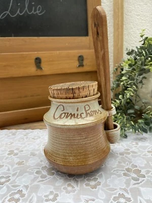 Ancien Pot à Cornichons en Grès avec Pince en Bois - Signé Montgolfier France - Photo 1/4
