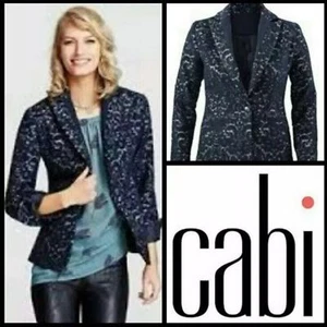 CAbi Womans Sz 2 Jacquard Blazer #109 Navy Blue Wool Blend Flocked Jacket - Bild 1 von 11