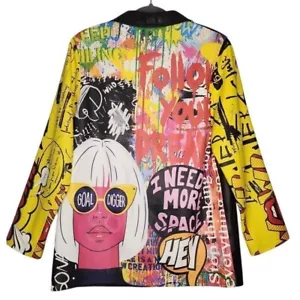 Lou Andrea Pop Art Leather Blazer Comic Black Graffiti Statement Jacket Small - Picture 1 of 20