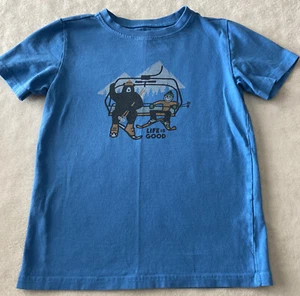 Life Is Good Kids Boys Blue Black Bear Ski Lift Skiing Short Sleeve Shirt 5-6 - Picture 1 of 8
