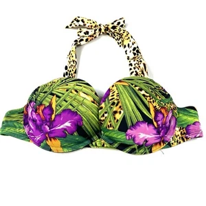 Y2K Victorias Secret 34A Bombshell Bikini Top Floral Leopard Q09 Green #2381 - Picture 1 of 11