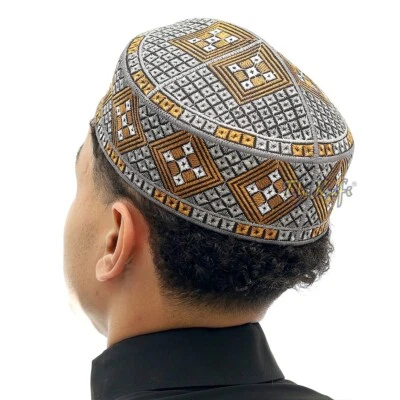 Dark Gray Rust Brown Embroidered Diamond Design Semi-rigid Pakistani-style Kufi - Image 1 of 4