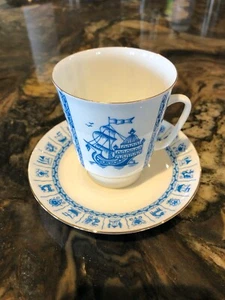 Seltene kaiserlich russische Porzellan Lomonossow Teetassen Untertasse Schiffe nautisch blau gold - Bild 1 von 5