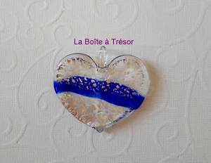 Magnifique Pendentif Grand Coeur en Verre de Murano - Feuille Argent ligne Bleue - Imagen 1 de 2