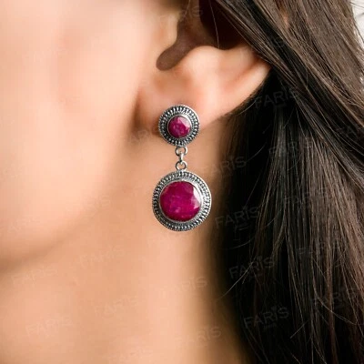 Sterling Silver Red Ruby Vintage Antique Drop Dangle Ladies Earrings Jewellery - Image 1 of 4