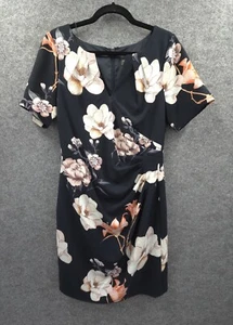 Adrianna Papell Pencil Dress Womens 12 Cinch Waist Short Sleeve Black Floral - Picture 1 of 14