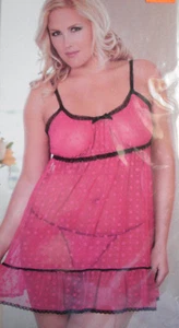Rene rRofe Empire Flower Mesh Babydoll & G-String Pink Queen Size Sexy Lingerie - Picture 1 of 2