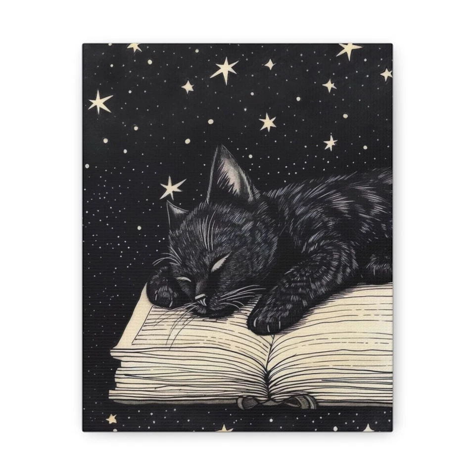 Enchanting Black Cat Sleeping on Book Canvas Artwork - Image 1 of 1