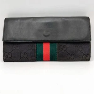 Used GUCCI Women's Long Wallet Sherry Line Black Canvas No Box GG Logo - Picture 1 of 11