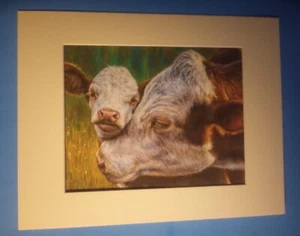 11" x 14" Matted 8" x 10" Print Hereford Cow & Calf Sharing a Tender Moment - Picture 1 of 3