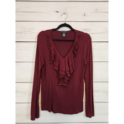 Grace Elements 女式栗色纯色荷叶边 V 领长袖衬衫,尺寸 L — 第 1/4 张图片