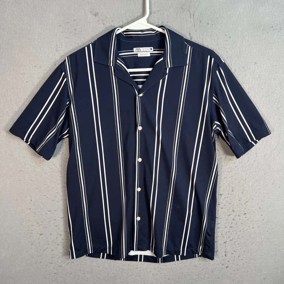 Zara Navy Blue Striped Short Sleeve Shirt Mens Size Small Regular Fit - Image 1 of 4