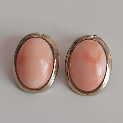 CORALLO ROSA ORECCHINI A CLIP ARGENTO 800 PLACCATO ORO VINTAGE - Immagine 1 di 4
