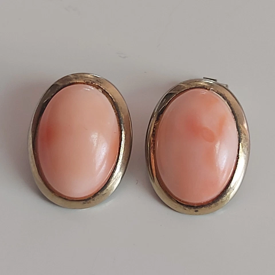 CORALLO ROSA ORECCHINI A CLIP ARGENTO 800 PLACCATO ORO VINTAGE - Immagine 1 di 4