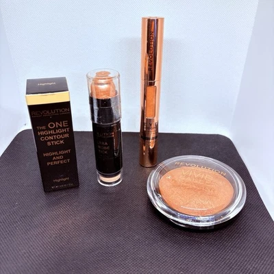Revolution Baked Bronzer Vivid, Contour Stick, Eye Bright,Ultra Strobe Stick NEW - Image 1 of 4