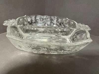 Fostoria  Relish Dish 2 Part Handled Baroque Shape Chintz Etched - Image 1 of 3
