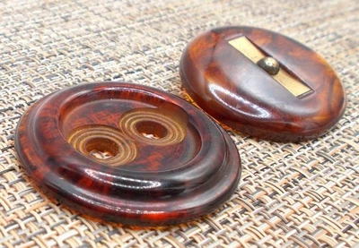 Vintage Bakelite Buttons Plastic Imitation Tortoise Root Beer Swirls 2" Lot of 2 - Image 1 of 4