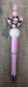 Black and Pink Skull Heart Custom Beaded Pen w/Ink Refill - Picture 1 of 2