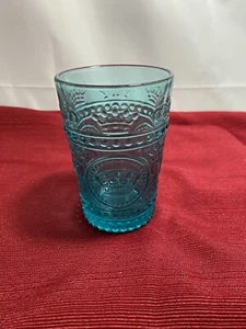 Vtg. Blue Pressed Glass, Drinking Glass With Chess Theme - Picture 1 of 2