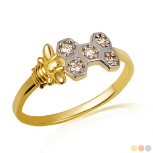 Two Toned Gold CZ Honeycomb Bumble Bee Ring - Picture 1 of 6