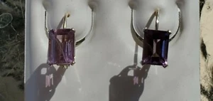 Amethyst Labcreated Octagon Cut Leverback Dangle Earrings 14kt Solid Yellow Gold - Picture 1 of 12