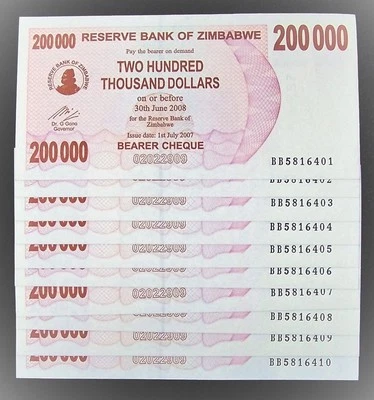 10 x Zimbabwe 200.000 (200000) dólares cheque portador billetes - moneda UNC Foto 1 de 2