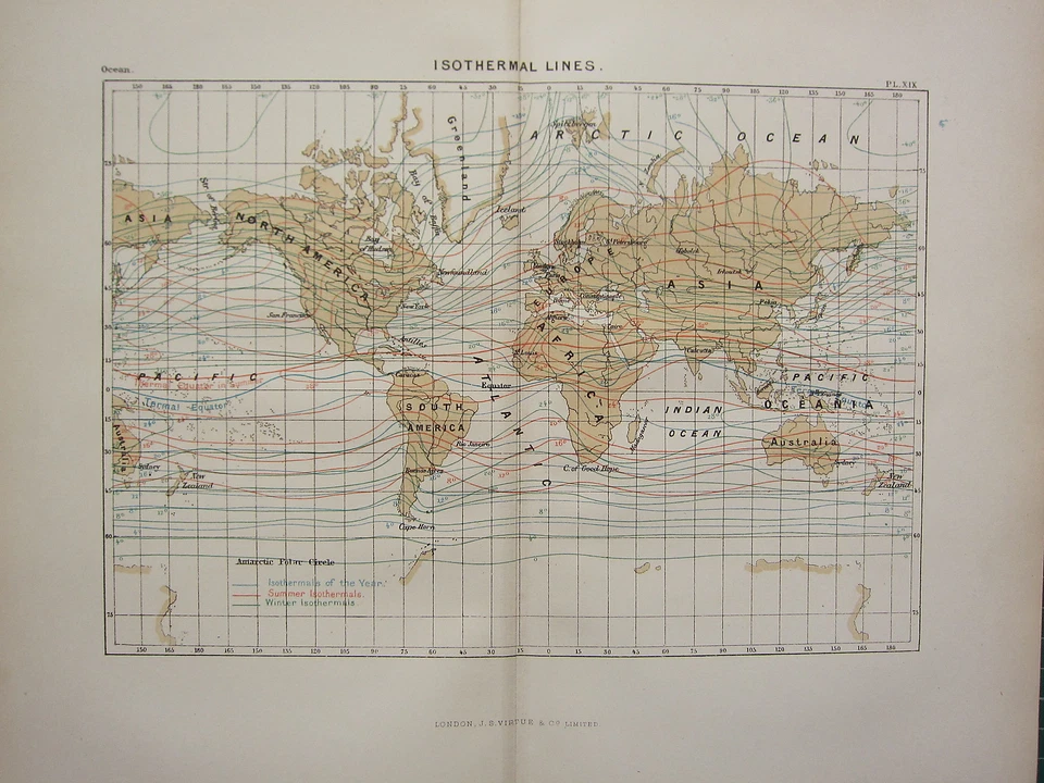 c1890 MAPA ANTIGUO ~ EL MUNDO LÍNEAS ISOTÉRMICAS VERANO E INVIERNO OCÉANO ANUAL Foto 1 de 1