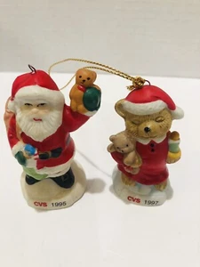 Vintage Porcelain CVS 1995 1997 Christmas Santa and Teddy Bear Ornaments - Picture 1 of 3