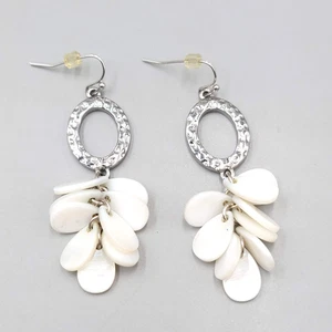 White Shell Pierced Earrings Hammered Silver tone Dangle 2 in - Picture 1 of 7