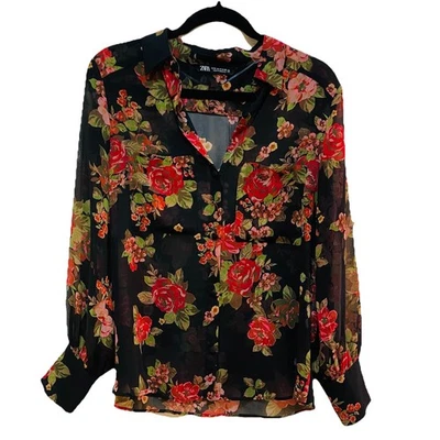 Camisa ZARA Negra Floral Transparente Manga Larga Cuello en V Talla M Foto 1 de 4
