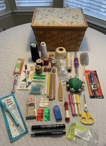 Vtg Longaberger Look Woven Wood Sewing Box/Basket w/Tray & Many Accessories EUC! - Picture 1 of 10