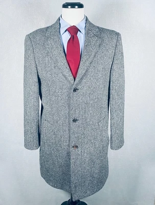 Harris Tweed Jacket Mens 40 (M) Gray Scottish Wool Herringbone Overcoat Trench - Image 1 of 4