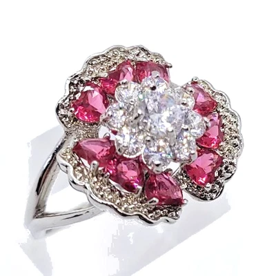 Terrific 3 Petal Lab Created Ruby  Ring! Sz 10 Sterling - Image 1 of 3