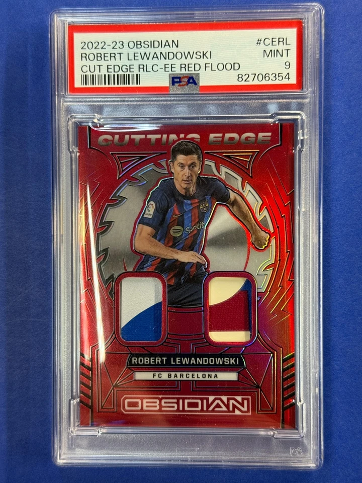 Robert Lewandowski 2022 Obsidian 4/8 Red Flood Cutting Edge Relic PSA 9 Barcelon - Bild 1 von 2