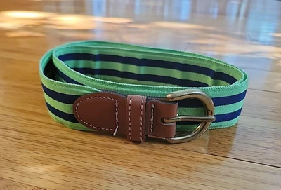 Cinturón Barrons-Hunter Cinta Grosgrain Verde Lima Azul Marino Rayas Cuero 34" Hecho en EE. UU. Foto 1 de 4