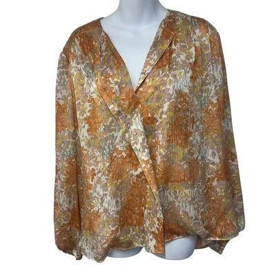 Vince Top Womens Large Garden Shirred Floral Watercolor 100% Silk Lightweight - Image 1 of 4