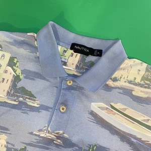 Camisa polo vintage Nautica azul claro barcos de viaje estampado costero para hombre talla XL - Imagen 1 de 6