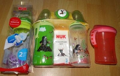 NUK 3 Flaschen + 1 Schnuller + 1 Trinklernbecher, 6-18 Monate, Maulwurf, NEU - Bild 1 von 4